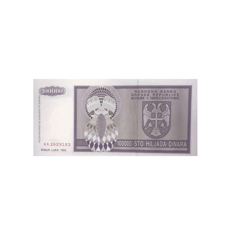 Bosnie-Herzégovine - Billet de 100 000 Dinars - 1993