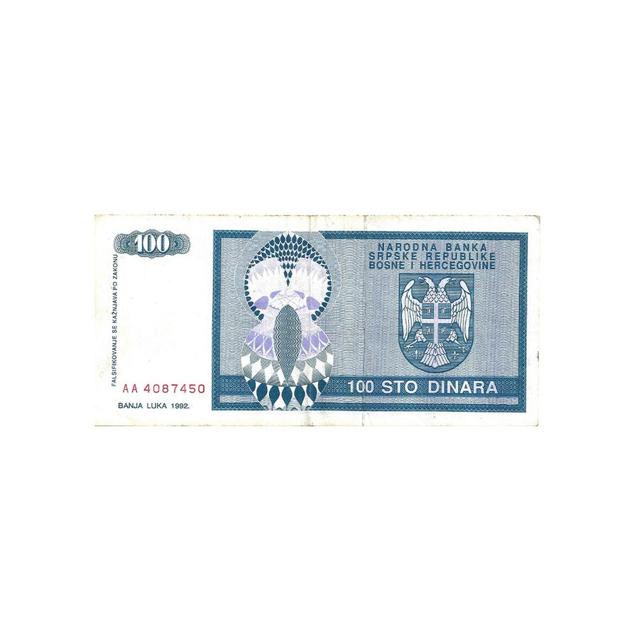 Bosnie-Herzégovine - Billet de 100 Dinars - 1992