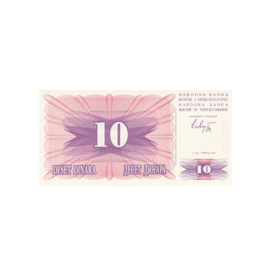 Bosnie-Herzégovine - Billet de 10 Dinars - Juli Srpanj 1992