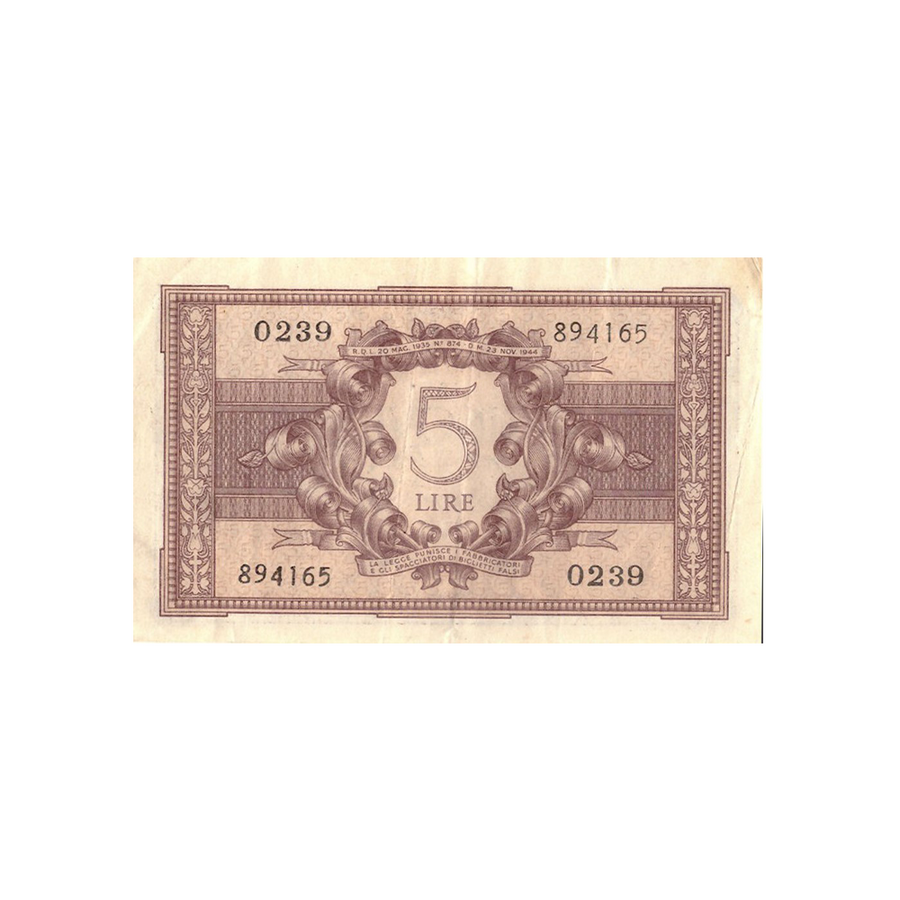 Italy - 5 Lire Banknote - 1944